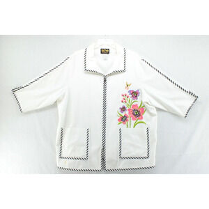 Bob Mackie Jacket Womens 2x Full Zip Wearable Art Embroidred Retro White Floral